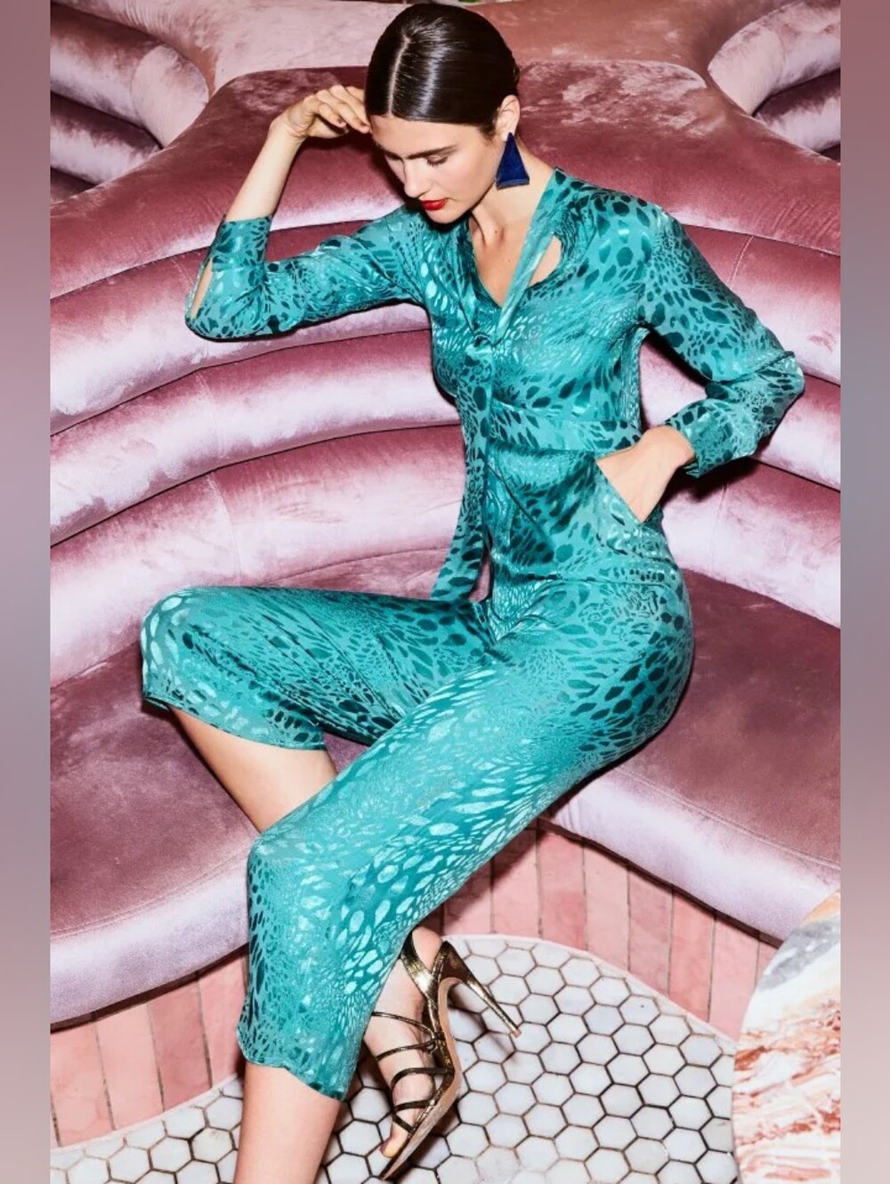 Topshop Green Satin Long-Sleeve Tie-Neck Jumpsuit